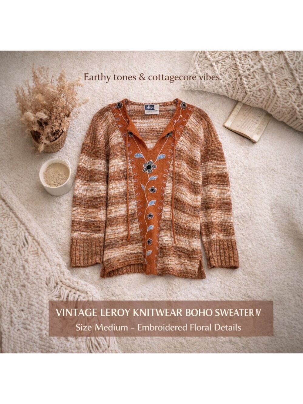 Vintage LeRoy Knitwear Boho Sweater | Embroidered Floral | Women’s M